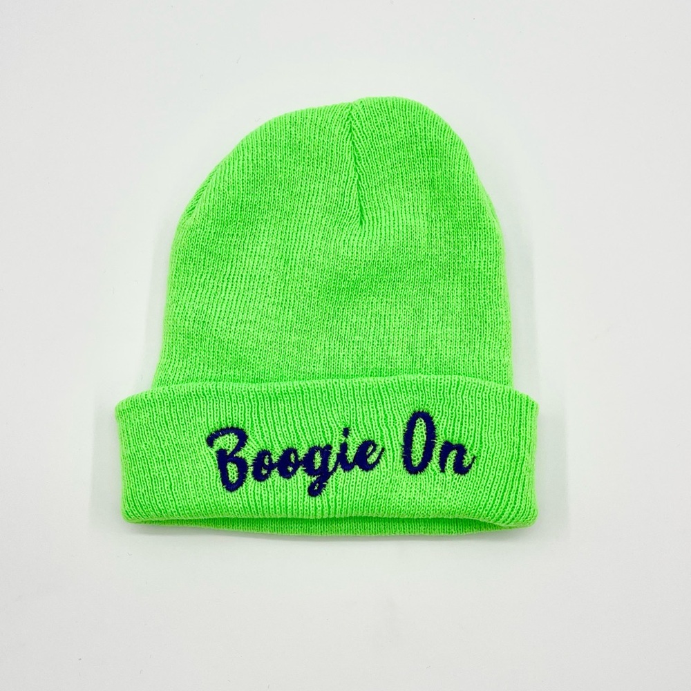 Neon Green Beanie “Boogie On” in Purple